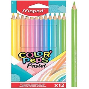 Maped - Crayons de Couleur Color'Peps Pastels en Bois - 12 Couleurs Douces et Acidulees - Crayon Triangulaire Ergono