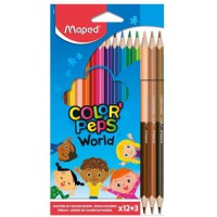 Maped - 12 Crayons de Couleur Color'Peps World + 3 Crayons duo Couleurs Peau - Couleurs Vives - Crayon Triangulaire Ergonomique 