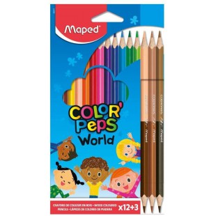 Maped - 12 Crayons de Couleur Color'Peps World + 3 Crayons duo Couleurs Peau - Couleurs Vives - Crayon Triangulaire 