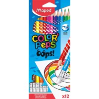 MAPED Couleur Oops Color'Peps-12 Coloriage avec Embout Gomme Triangulaire Ergonomique-Pochette de 12 Crayons Effacables en Resin