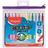 Maped - Feutres Long Life - 12 Feutres de Coloriage Ultra-lavables et Longue Duree - Pointe Moyenne Bloquee - Couleurs Vives - I