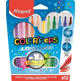 Maped - Feutres Long Life - 12 Feutres de Coloriage Ultra-lavables et Longue Duree - Pointe Moyenne Bloquee - Couleurs Vives - I