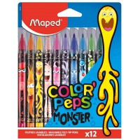 Maped - Feutres Monster Color'Peps - 12 Feutres de Coloriage Fun et Originaux - Lavables et Resistants au Sechage - 