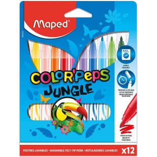 Maped - Feutres Jungle Color'Peps - 12 Feutres de Coloriage - Lavables et Resistants au Sechage - Pointe Moyenne Bloquee - Coule