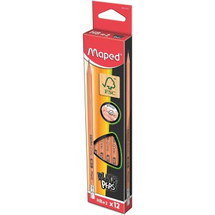 Lot de 12 : Maped - Crayons Graphite Black'Peps 100% FSC - Crayon HB avec Gomme - Graphite en Bois Certifie FSC 