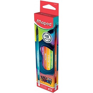 Lot de 12 : Maped - Crayons Graphite Black'Peps Energy HB Embout Gomme - Crayons a Papier Noirs Decores - Message Positifs et In