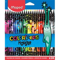 MAPED Color'Peps Monster-24 Coloriage Fun et Originaux-Couleurs Vives et Mine Resistante-Pochette de 24 Crayons Decores MONSTRE 