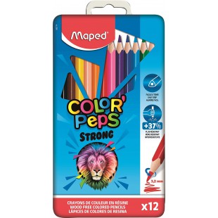 Maped - Crayons de Couleur Strong Color'Peps - 12 Crayons de Coloriage Ultra-resistants et Ergonomiques - Boite Meta