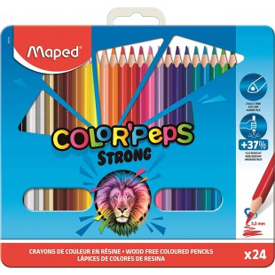 Maped - Crayons de Couleur Strong Color'Peps - 24 Crayons de Coloriage Ultra-resistants et Ergonomiques - Boite Metal