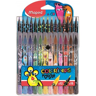 Maped - Combo Pack Monster Color'Peps - 15 Crayons de couleur + 12 Feutres Lavables et Resistants au sechage - Point