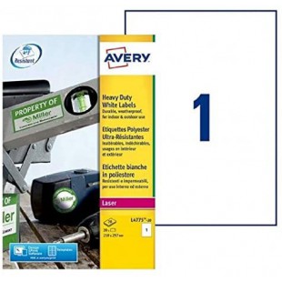 Avery L4775 Pack de 20 Etiquettes Adhesives ultra resistantes 210 x 297 mm Blanc