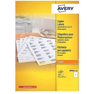 AVERY - Boite de 100 etiquettes autocollantes multi-usages, Format 210 x 297 mm, Impression copieur, (DP001-100)