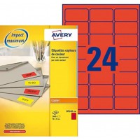 AVERY - Boite de 2400 etiquettes autocollantes rouges fluo multi-usages, Format 70 x 35 mm, Impression copieur, (DP24R-100)