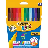 BIC Kids Visa Feutres de Coloriage pour Enfants, Pointe Fine. Couleurs Assorties, Etui Carton de 12 feutres