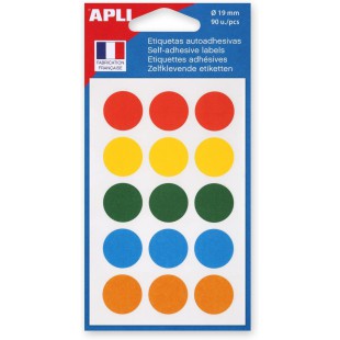 Apli 100088 - Pochette de 90 pastilles de couleurs assorties Ø 19 mm Jaune/Bleu/Orange/Vert/Rouge