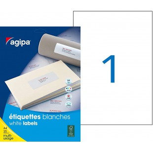 Apli Agipa - Pochette etiquettes Adhesives Blanches Multi-Usages - Coins Droits - 210 x 297 mm - Certifie FSC - 25 etiquettes