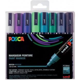 POSCA - Uni Mitsubishi Pencil - 8 Marqueurs PC5M - Pointe Conique - Couleurs Froides - Posca Pointe Moyenne - Marqueurs Peinture