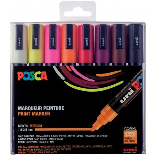 Mitsubishi Pencil - 8 Marqueurs Posca PC5M - Pointe Conique - Couleurs Chaudes - Posca Pointe Moyenne - Marqueurs Peinture a  Ba
