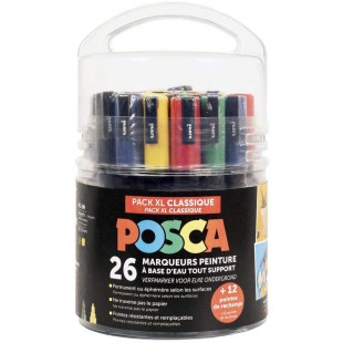 POSCA - Uni Mitsubishi Pencil - Pot Posca Special Loisirs Creatifs - Pack XL - 26 Marqueurs Posca - 2 Tailles de Pointes PC3M et