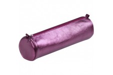 Clairefontaine 8689C - Trousse Scolaire Cuirise Ronde Ø5,5x22 cm en Veritable Cuir irise, Cerise