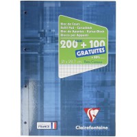 Clairefontaine 65816C - Un bloc de cours encolle grand cote 300 pages (200 + 100 gratuites) 90g, perfore 4 trous et petits carre