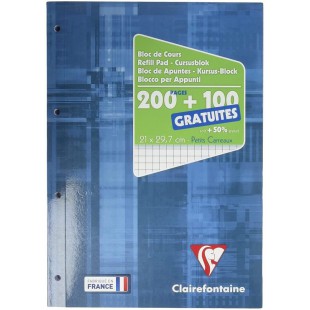 Clairefontaine 65816C - Un bloc de cours encolle grand cote 300 pages (200 + 100 gratuites) 90g, perfore 4 trous et petits carre