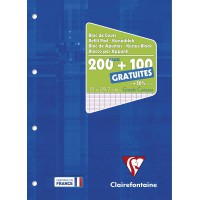 Clairefontaine 65819C - Un bloc de cours encolle grand cote 300 pages (200 + 100 gratuites) 90g, perfore 4 trous et grands carre