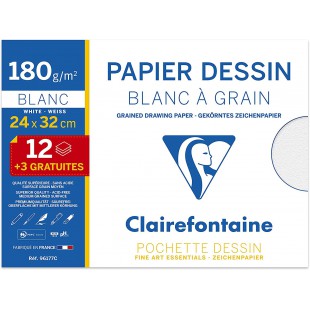 Clairefontaine 96177C - Pochette Dessin Scolaire - 15 Feuilles (12+3 gratuites) Papier Dessin Blanc a  Grain - 24x32 cm 180g - I