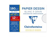 Clairefontaine 96177C - Pochette Dessin Scolaire - 15 Feuilles (12+3 gratuites) Papier Dessin Blanc a  Grain - 24x32 cm 180g - I