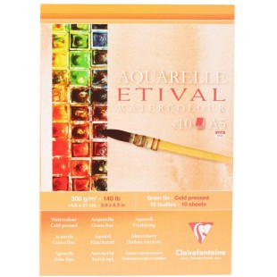 Lot de 5 : Clairefontaine 96304C Bloc Encolle Etival - 10 Feuilles Papier Aquarelle Blanc 100% Cellulose Grain Fin Qualite etude