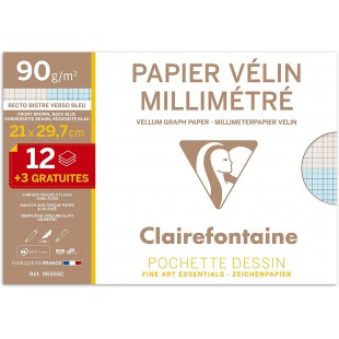 Clairefontaine 96555C - Une pochette Velin Millimetre 15 feuilles (12 + 3 gratuites) 21x29,7cm 90g