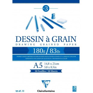 Clairefontaine 96626C Bloc Encolle Papier Dessin a  Grain - 30 Feuilles Papier Dessin au Grain Marque - A5 14,8x21 cm 180g