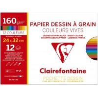 Clairefontaine 96770C - Pochette Dessin Scolaire - 12 Feuilles Papier Dessin a  Grain Couleurs Vives Assorties - 24x32 cm 160g -