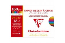 Clairefontaine 96770C - Pochette Dessin Scolaire - 12 Feuilles Papier Dessin a  Grain Couleurs Vives Assorties - 24x32 cm 160g -