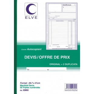 Manifolds Autocopiant Devis / Offre de Prix 297 x 210 mm 50 Feuillets Tripli