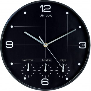 Unilux on Time Horloge Murale Systeme Quartz avec 4 Fuseaux horaires Diametre 30,5 cm Noir