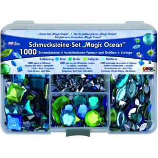 49644 - Lot de 1000 pierres magiques dans les couleurs bleu, turquoise, vert clair et bleu clair, dans differentes formes et tai