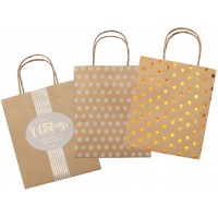 sacs en papier kraft marron X-mas en partie avec gaufrage thermique - 12 x 5,5 x 15 cm - Assortiment de 3 motifs - Pou