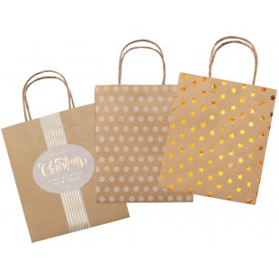 sacs en papier kraft marron X-mas en partie avec gaufrage thermique - 12 x 5,5 x 15 cm - Assortiment de 3 motifs - Pou