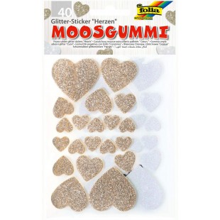 23787 Lot de 40 Autocollants en Caoutchouc Mousse a  Paillettes Motif coeurs Blanc/Or