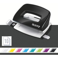 Leitz Mini-Perforateur, 10 Feuilles, Reglette de Guidage avec Marquages des Formats, Metal, WOW, 50601095 - Noir
