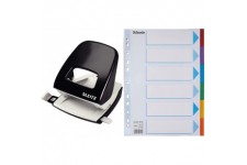 Leitz Perforatrice Sans Effort, Capacite 30 Feuilles, Noir, Metal & Esselte Intercalaires A4 6 Touches, Bleu/Multicolore, Carton