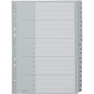 Leitz Intercalaires A4 Touches 1-20, Extra-Large, Gris, Onglets Renforces en Plastique Resistant avec Table des Matieres, 128400