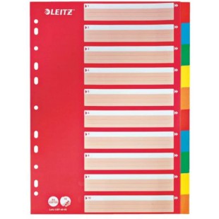 Leitz Intercalaires A4 10 Touches, Rouge/Multicolore, Strong Carton Recycle, 10 Onglets avec Table des Matieres, 43876000