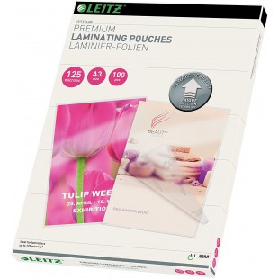 Leitz 74880000 Pochettes de plastification, Materiau epais de 125 Microns (Transparent, Brillant, A3) - Pack de 100