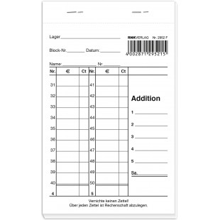 RNK 2952 F - Bloc de caisse - Bicolore, haut geheftet, 2 x 50 feuilles, numerotees, 96 x 167 mm